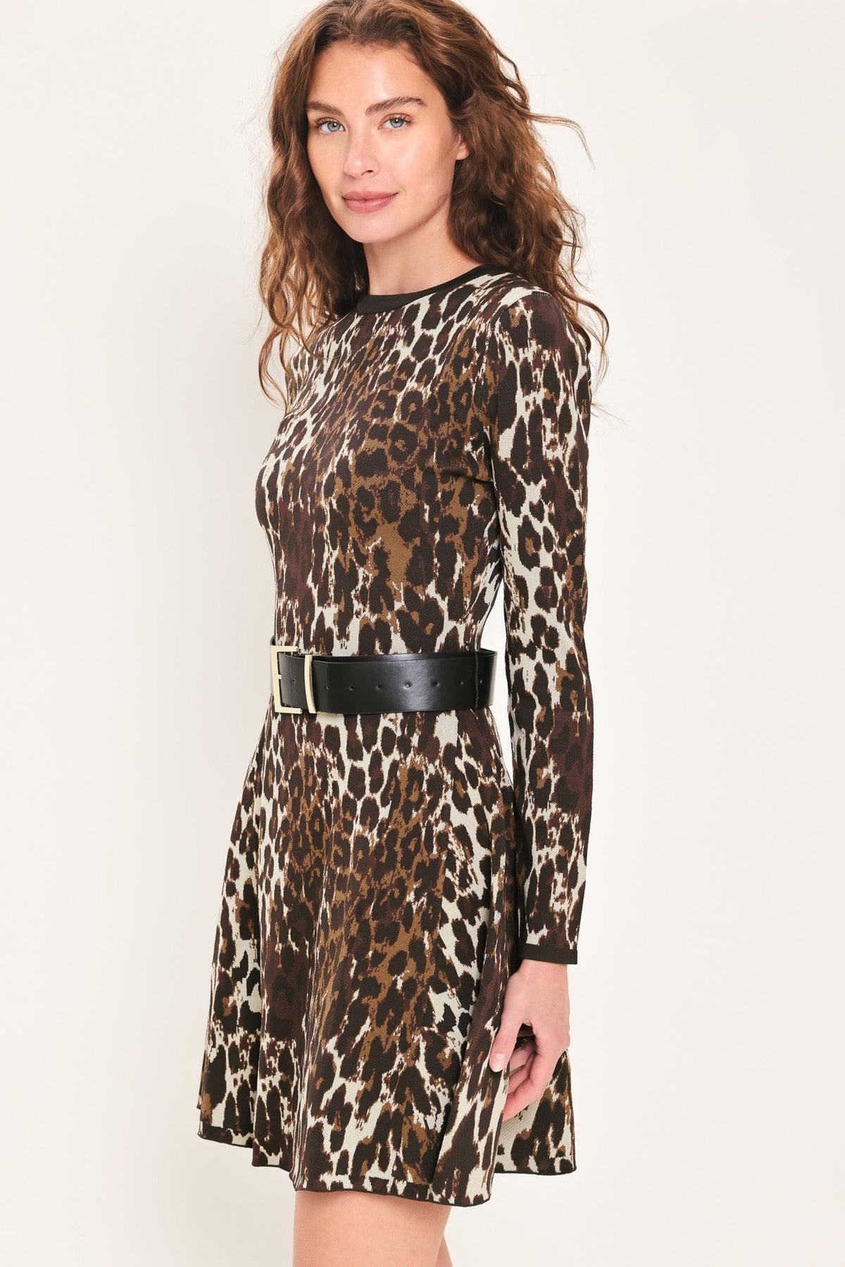 WILDLY POLISHED LEOPARD BELTED SWEATER MINI DRESS
