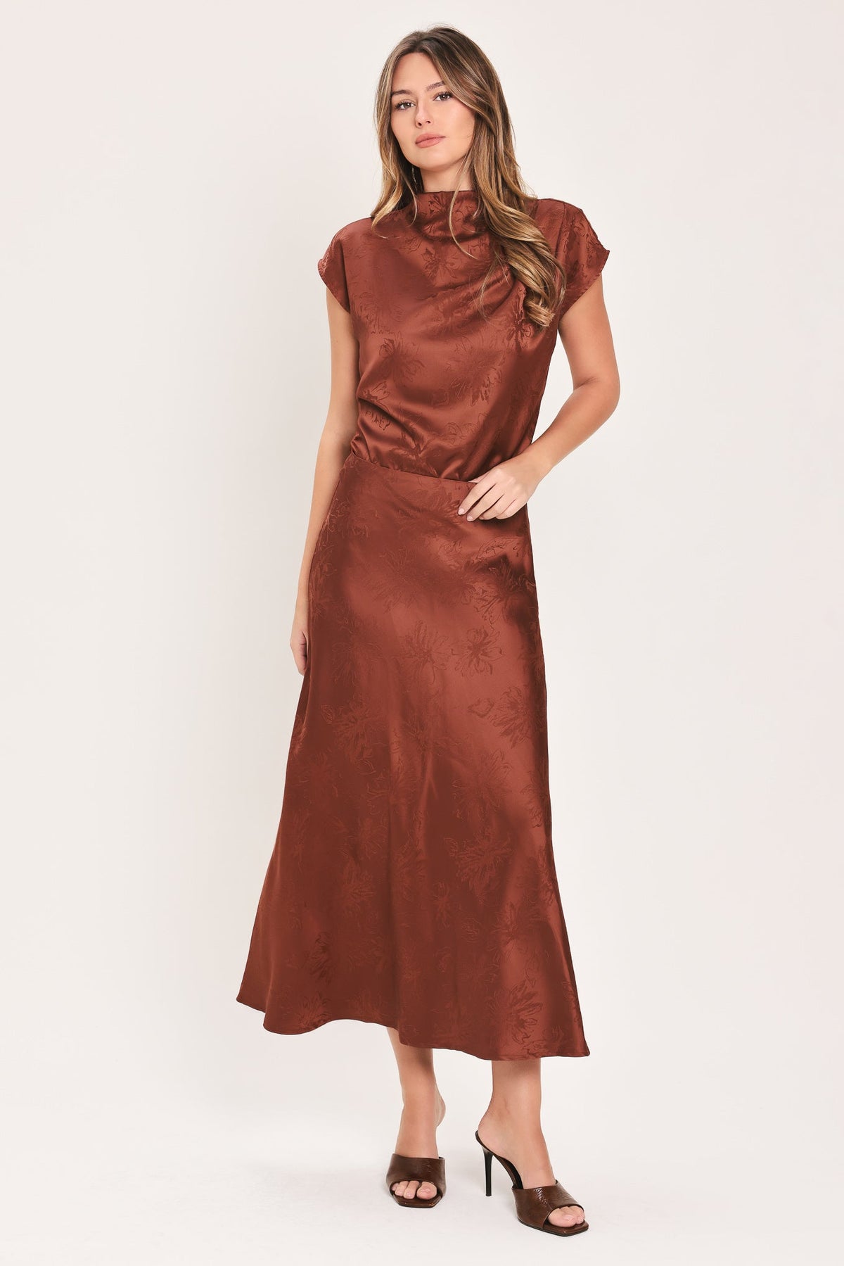 BURGUNDY DYNASTY JACQUARD SATIN FUNNEL-NECK TOP
