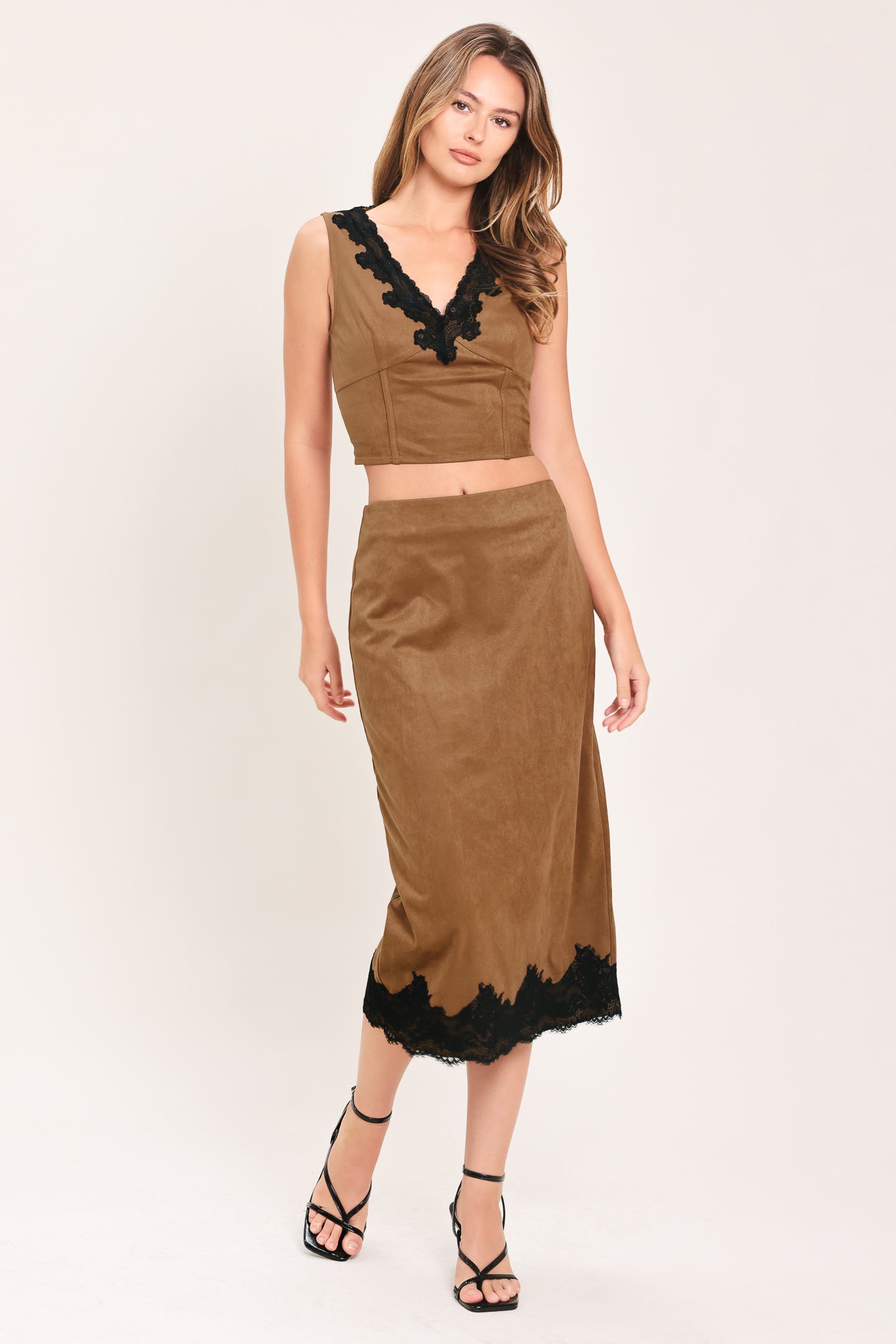 UMBER LACE AFTERGLOW FAUX SUEDE CROP TOP