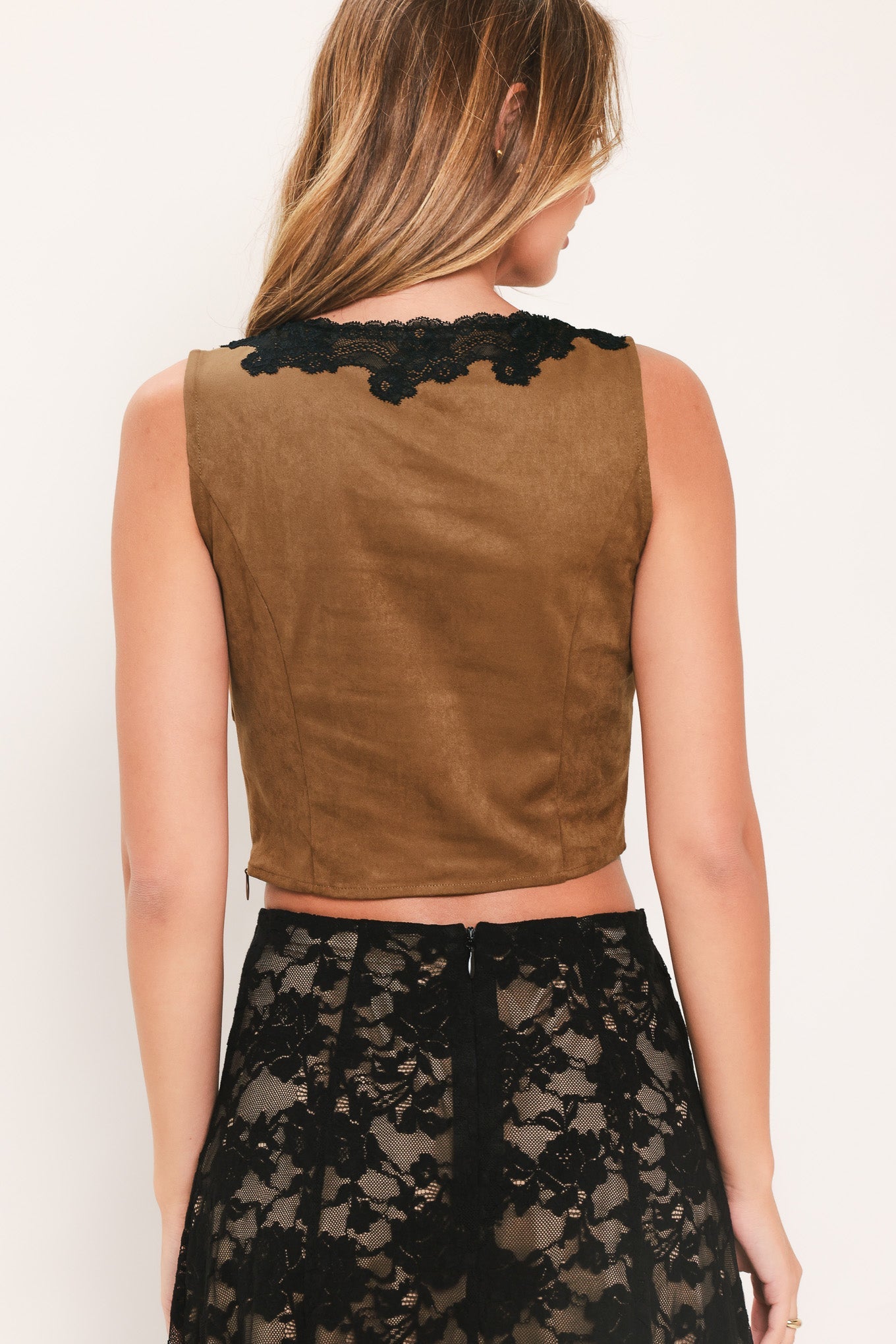 UMBER LACE AFTERGLOW FAUX SUEDE CROP TOP