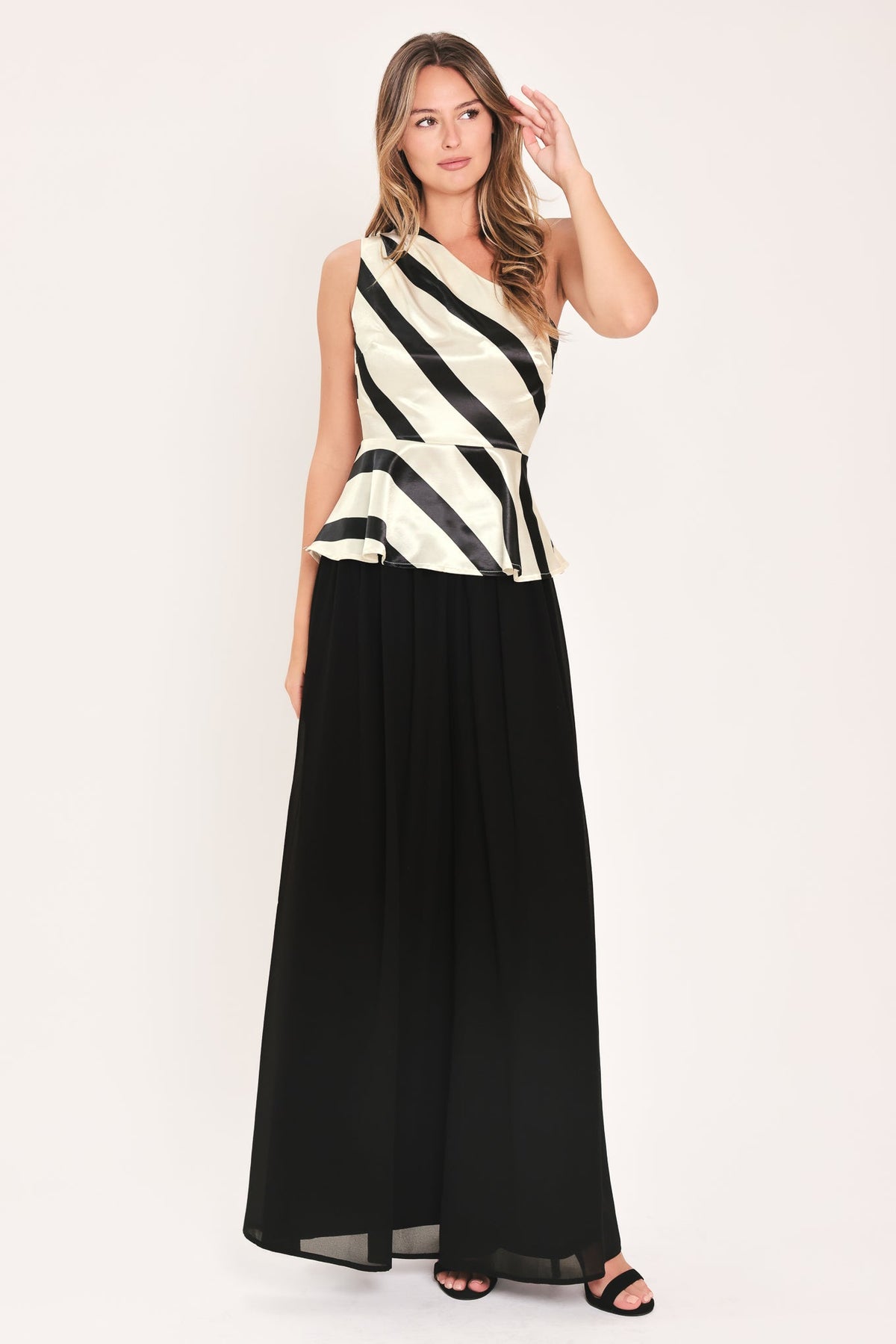 MONOCHROME MOMENT SATIN ONE-SHOULDER PEPLUM TOP