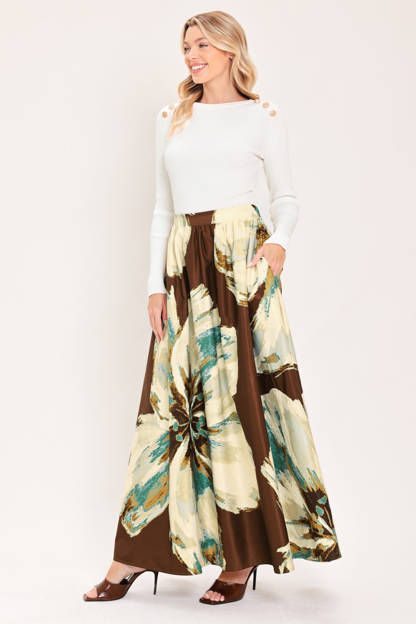 CREAM BOTANIC SWEEP WOVEN CROP TOP AND FULL SKIRT SET