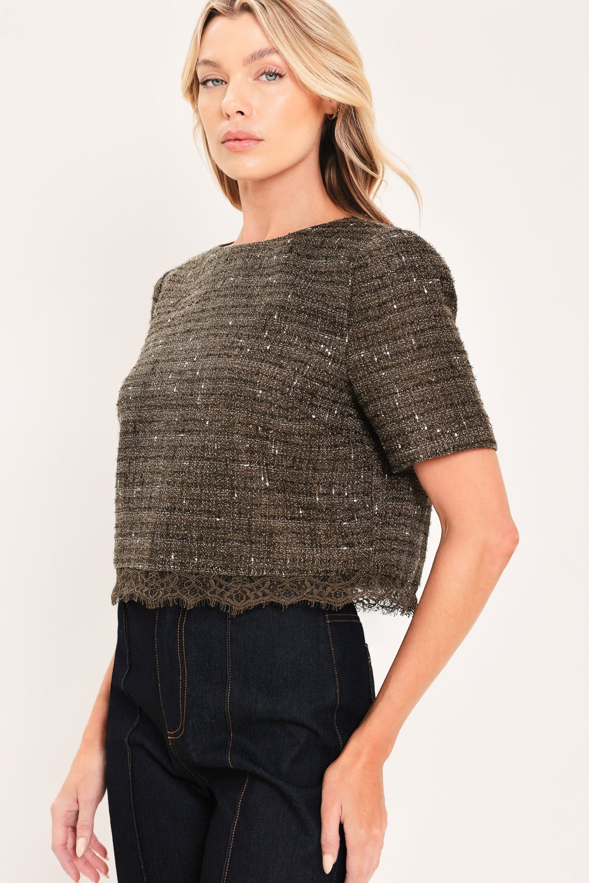 DARK CHAMPAGNE SPARK WOVEN TWEED TOP