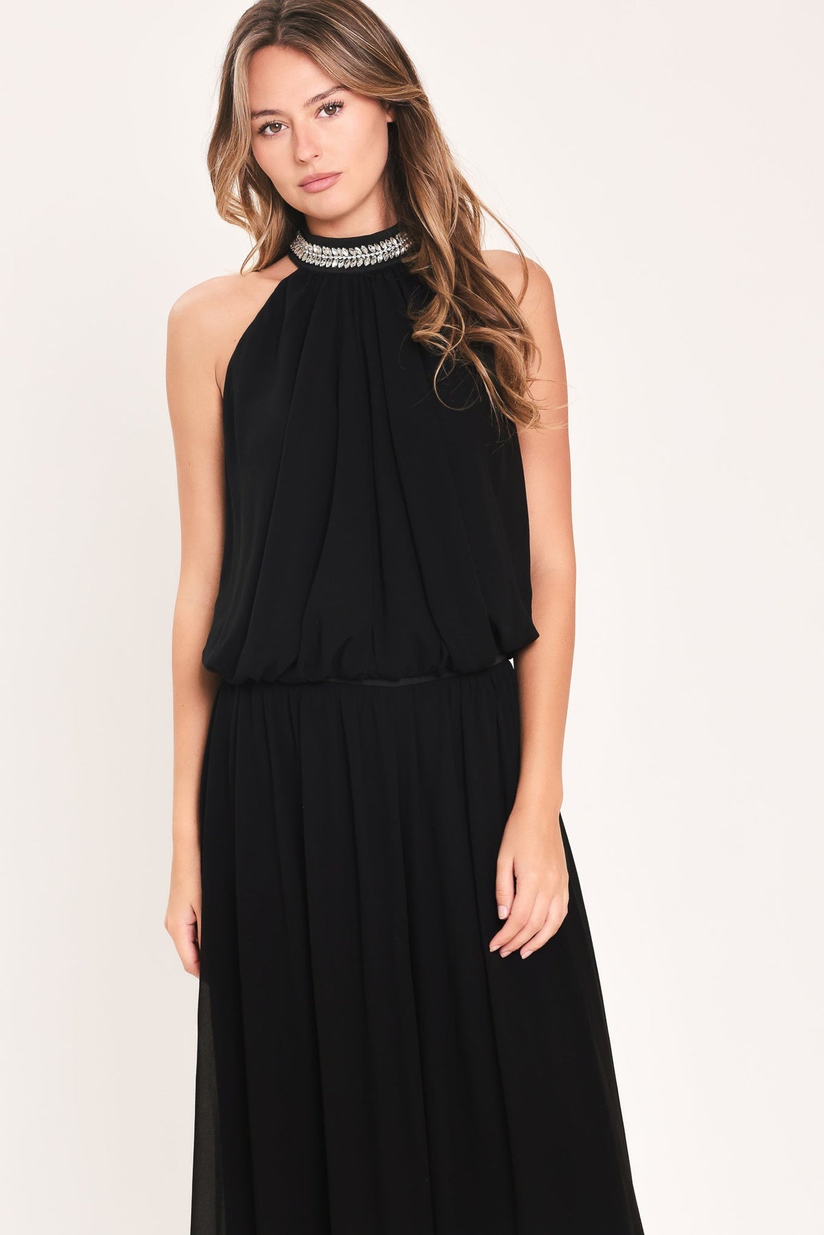 JEWEL HOUR BLACK EMBELLISHED HALTER & WIDE-LEG PANTS SET
