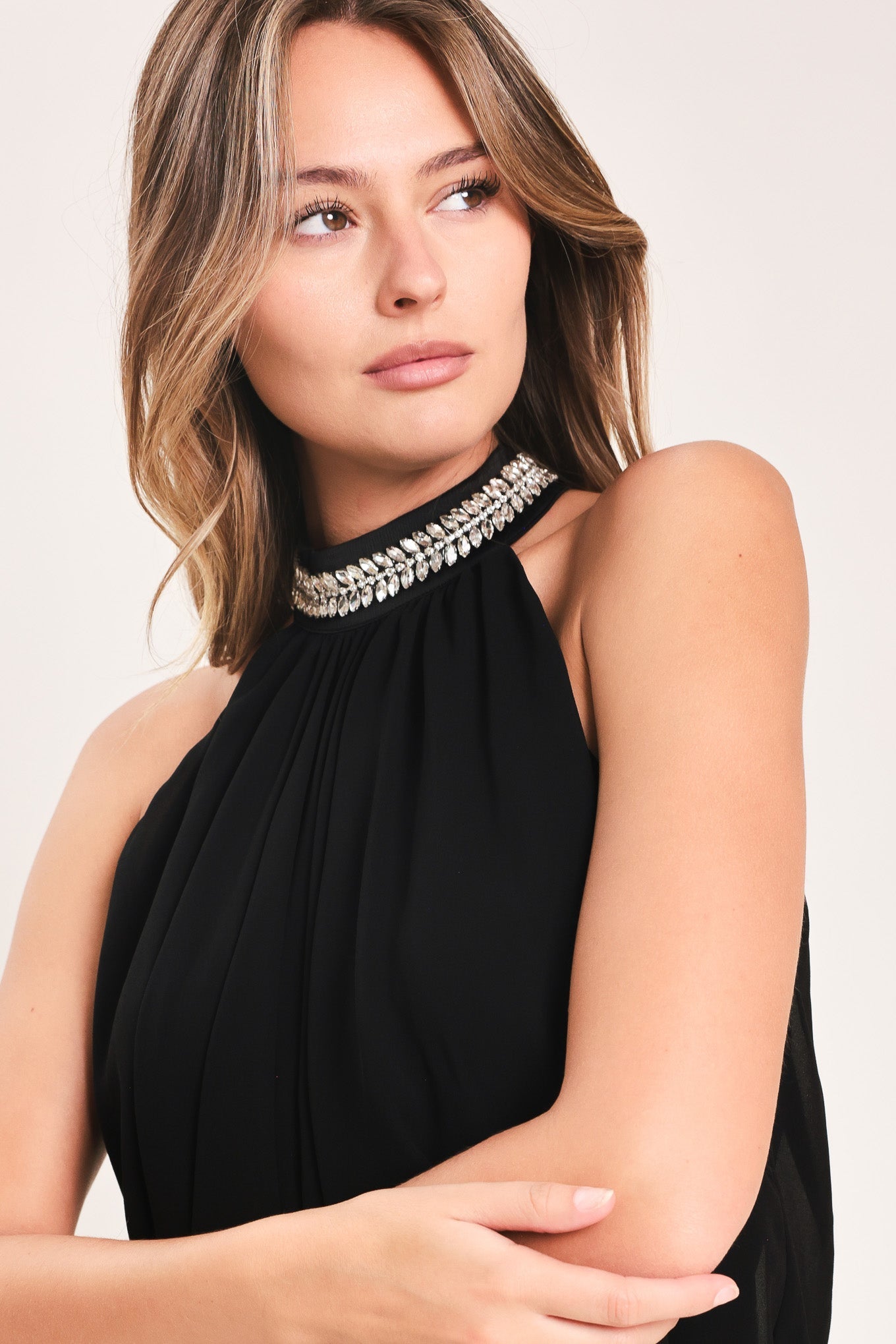 JEWEL HOUR BLACK EMBELLISHED HALTER & WIDE-LEG PANTS SET
