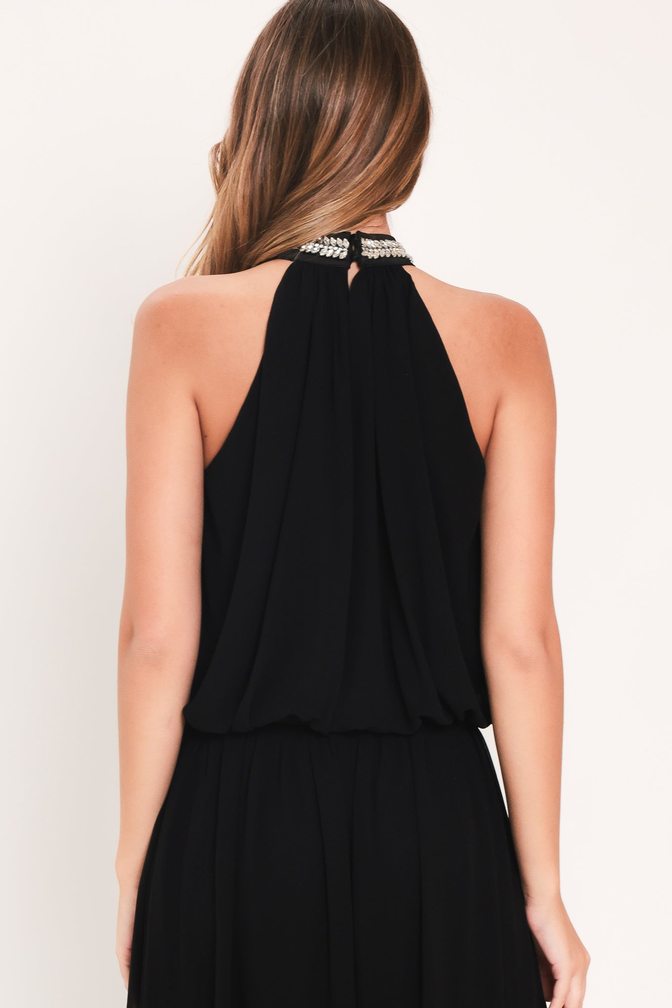 JEWEL HOUR BLACK EMBELLISHED HALTER & WIDE-LEG PANTS SET