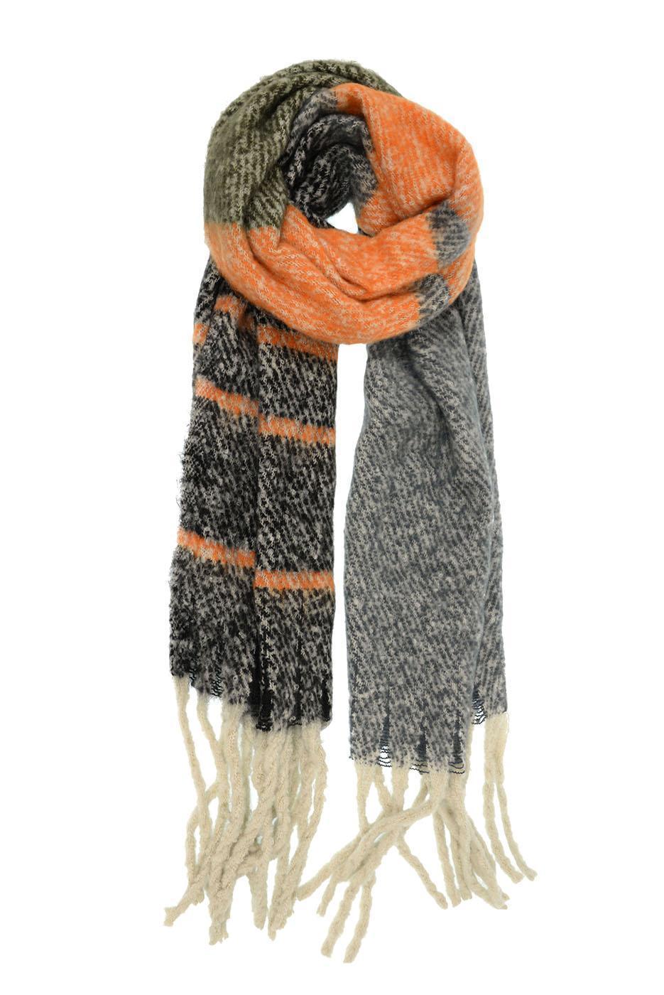 Olive Color Blocked Fringe Scarf