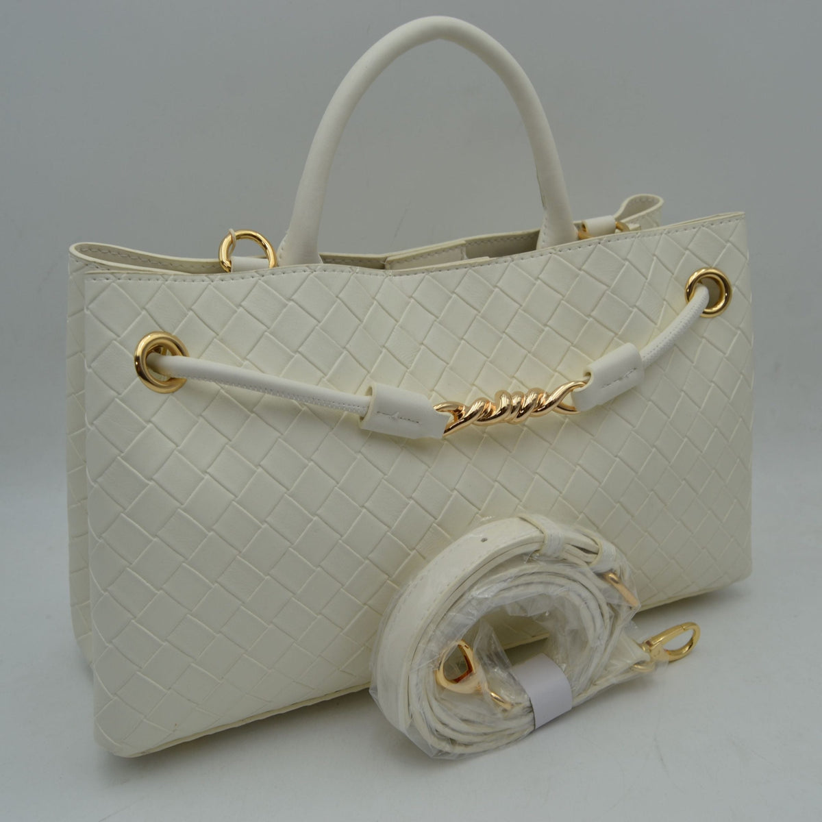 Woven Checkerboard Top-Handle Tote Bag with Detachable Crossbody Strap