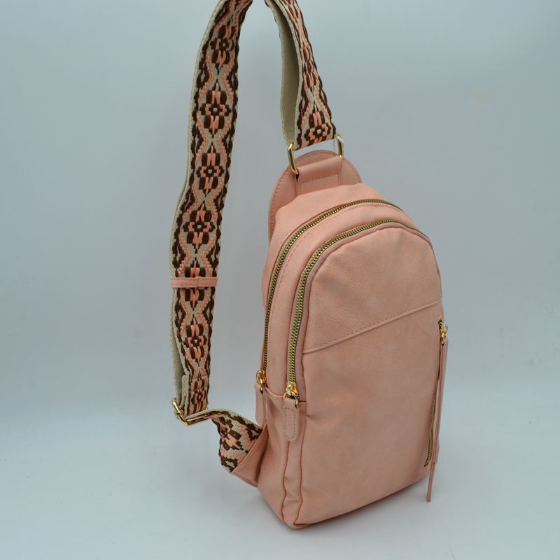 Multi-Zip Sling Backpack with Patterned Shoulder Strap