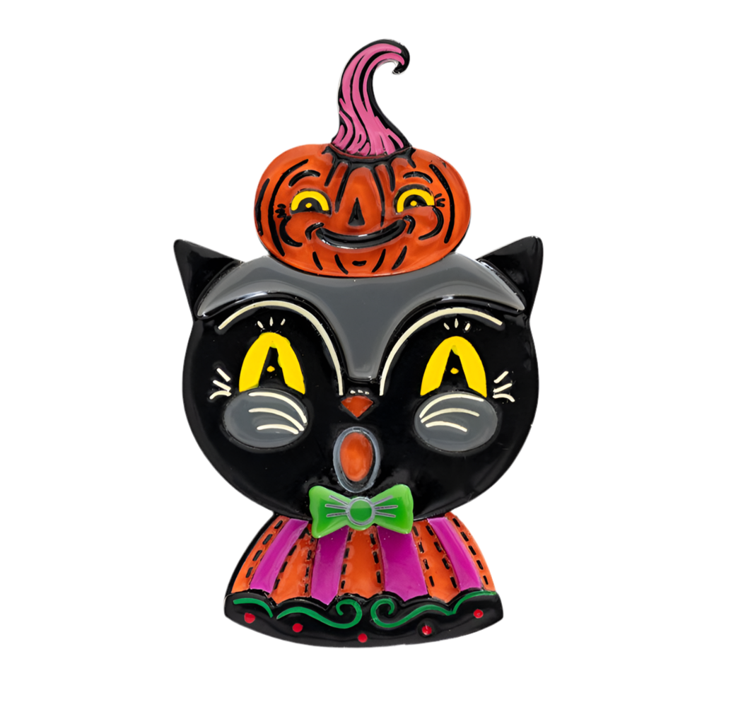 Black Cat with Kinny Brooch by Lipstick & Chrome — Halloween Black Cat Acrylic Pin
