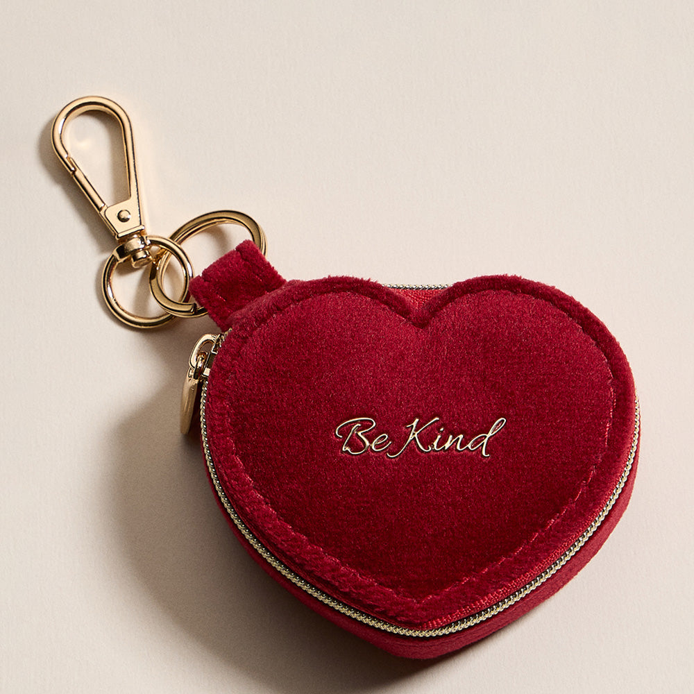 BE KIND Embroidered Heart Shaped Travel Jewelry Case Keychain Bag Charm