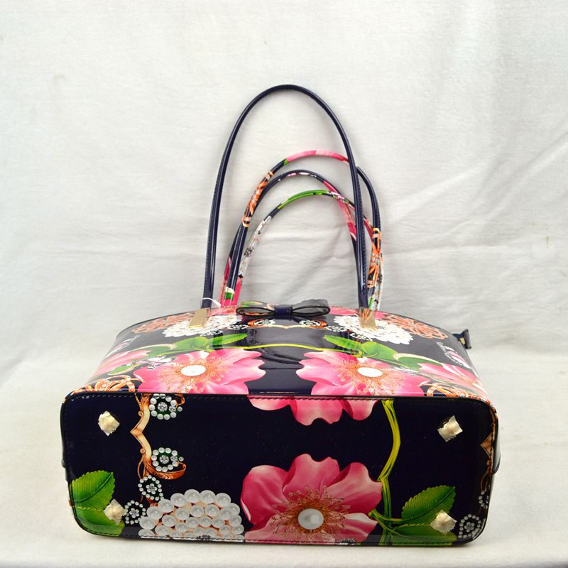 Glossy Patent Floral Tote Bag with Bow Accent and Double Handles