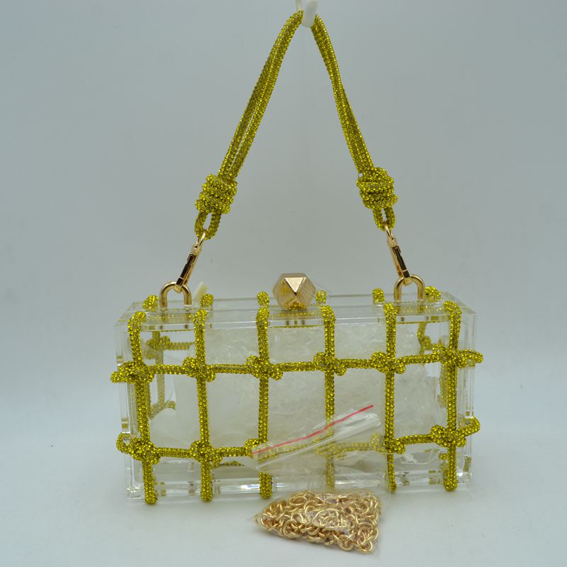 Box Clutch Bag with Cage Overlay and Cord Top Handle