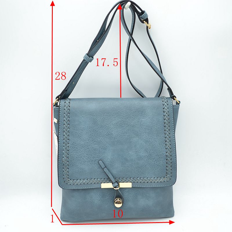 Braided Trim Flap Messenger Crossbody Bag with Metallic Bar T-Lock Closure