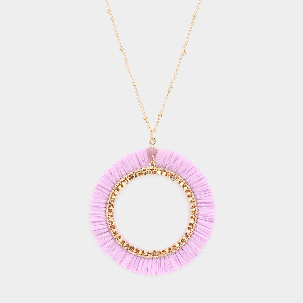 Raffia Trimmed Open Circle Pendant Long Necklace