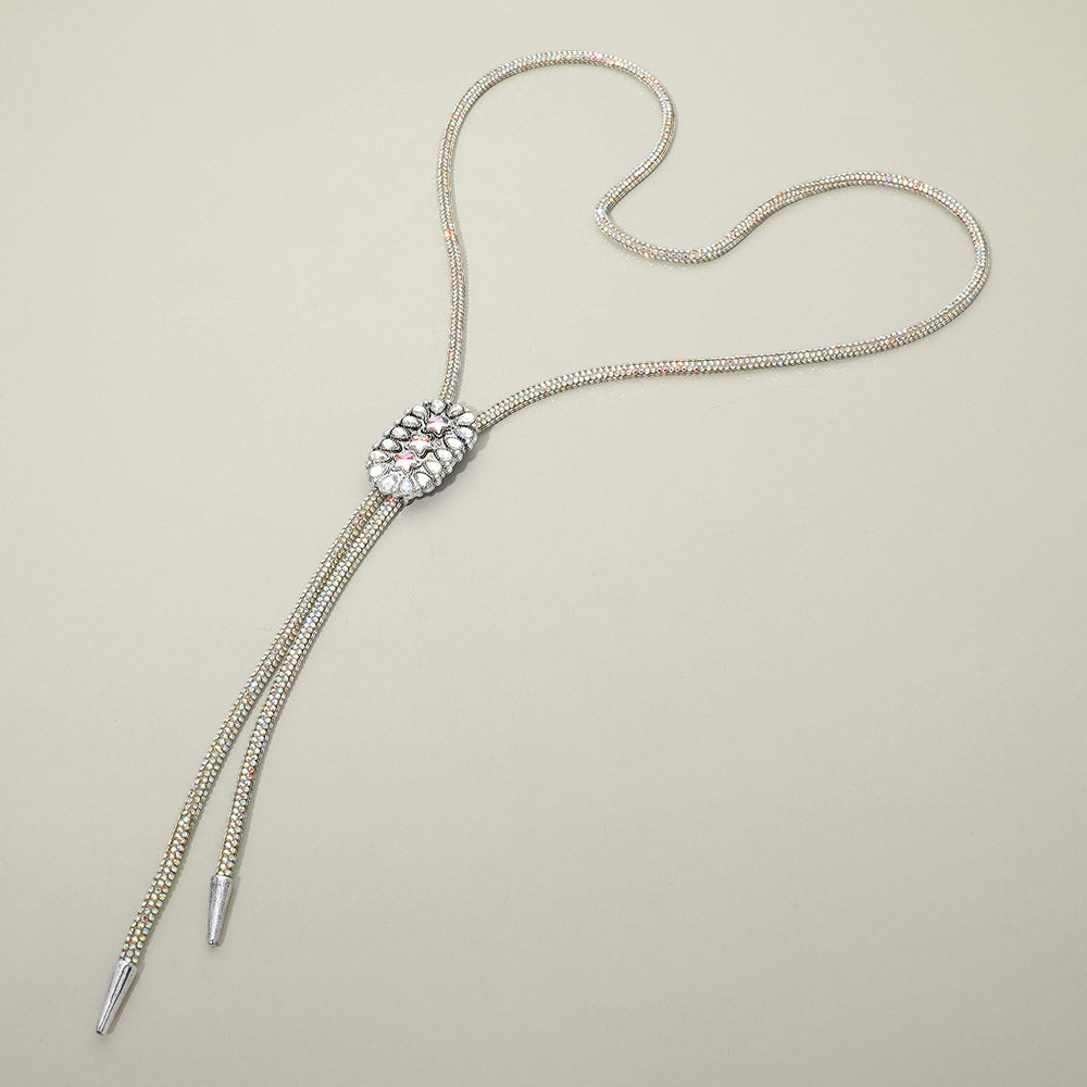 Triple Star Stone Accent Oval Pendant Bling Studded Bolo Necklace
