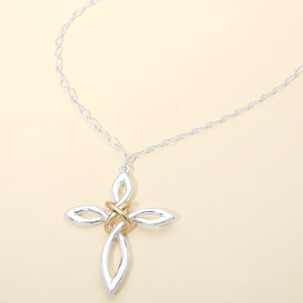 Two Tone Interwoven Cross Pendant Long Necklace