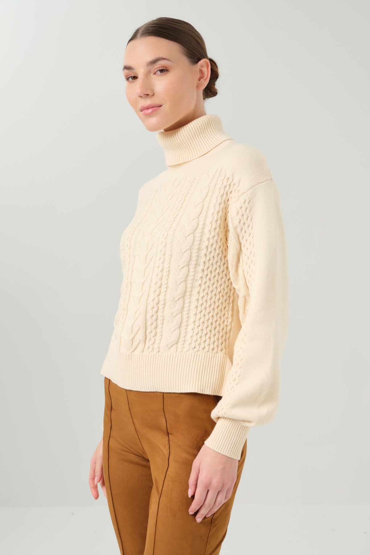 Wabi Mix Sweater Mixed-Stitch Cableknit Turtleneck
