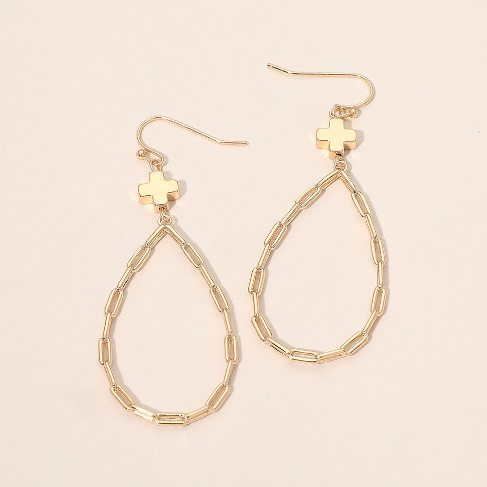 Metal Cross Charm Accent Paperclip Chain Link Open Teardrop Earrings