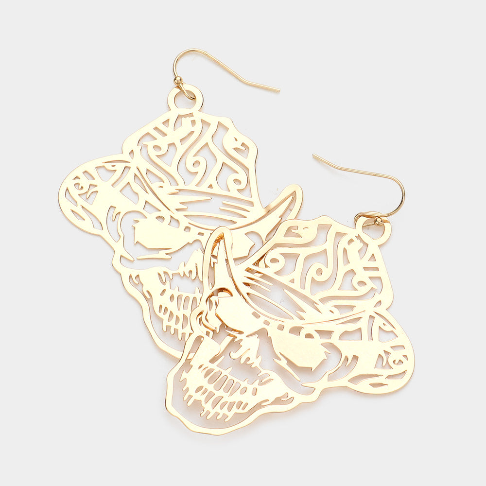 Brass Metal Cutout Skull Dangle Earrings