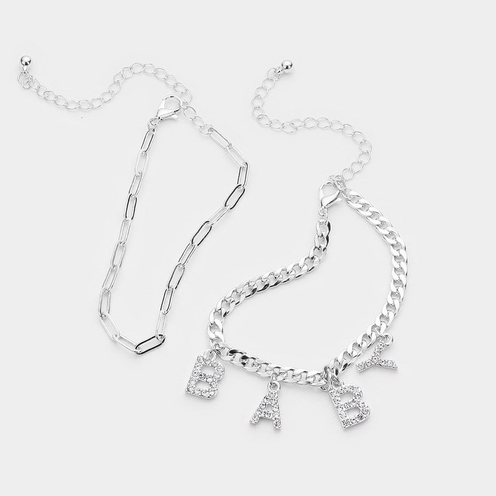 2PCS - BABY Rhinestone Embellished Metal Chain Bracelets