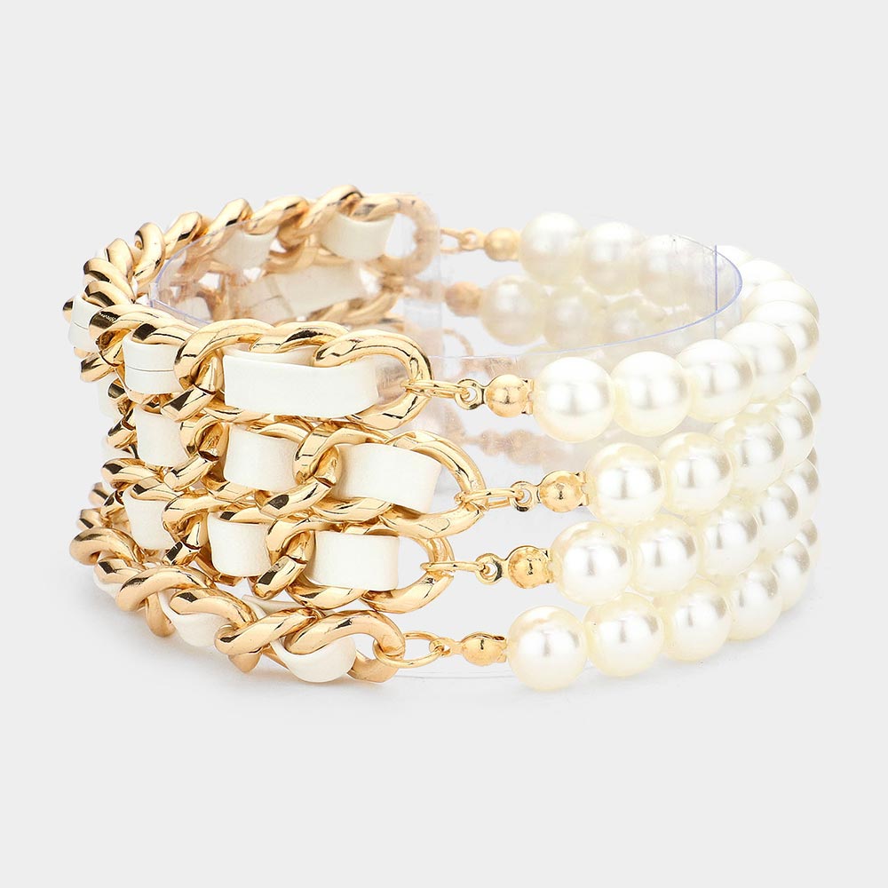 4PCS - Faux Leather Braided Pearl Beaded Multi Layered Bracelets