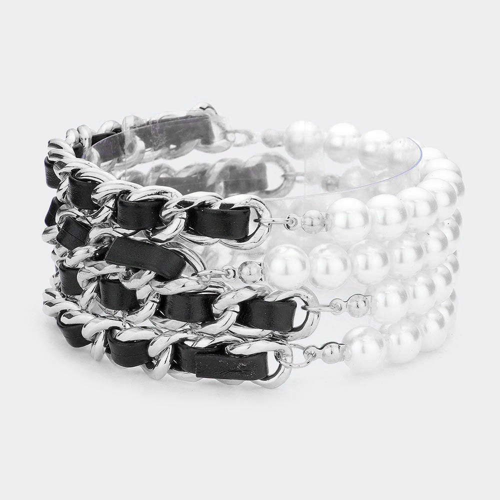 4PCS - Faux Leather Braided Pearl Beaded Multi Layered Bracelets