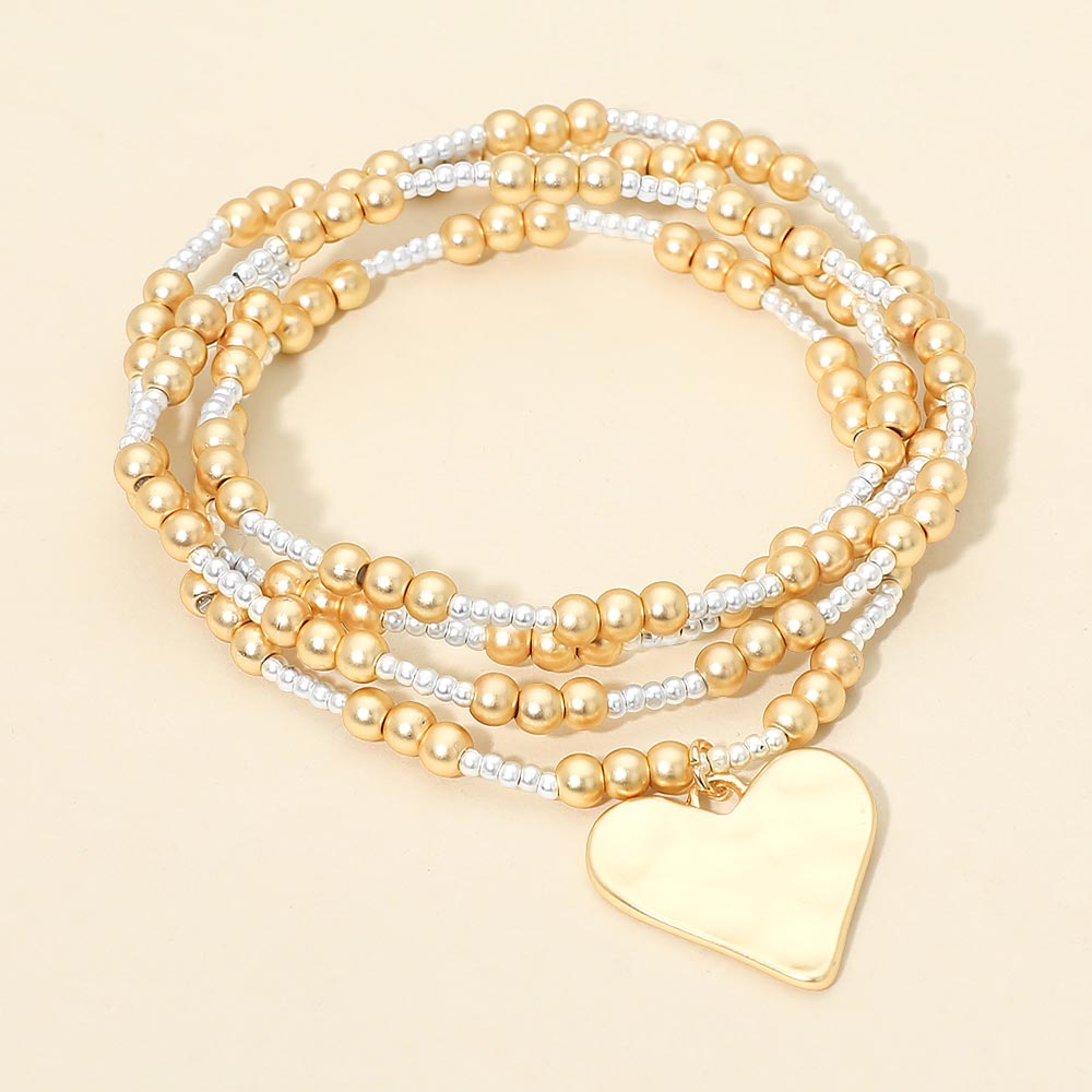 4PCS - Brushed Hammered Metal Heart Plate Charm Accent Metal Ball Beaded Stretch Multi Layered Bracelets
