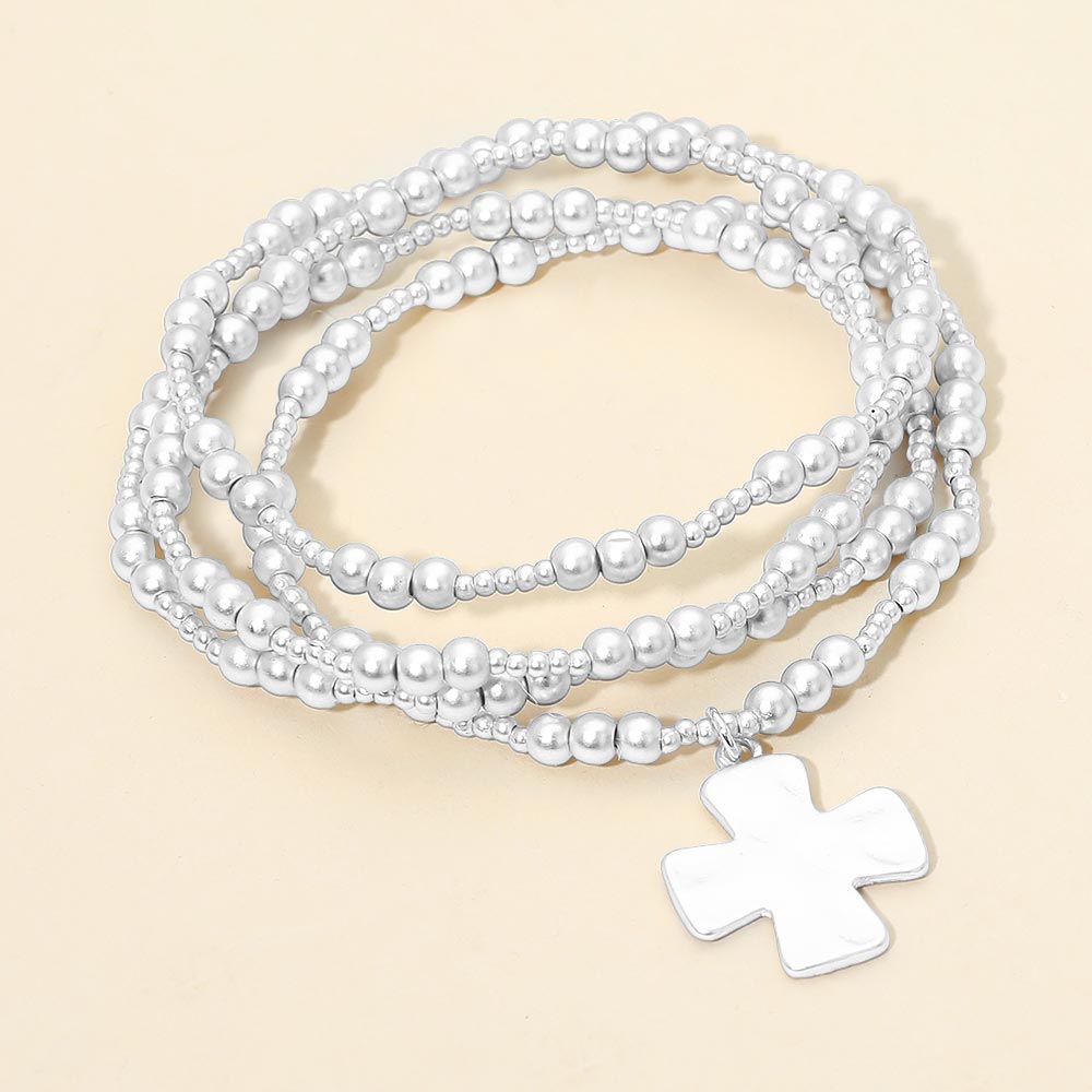 4PCS - Brushed Hammered Metal Cross Plate Charm Accent Metal Ball Beaded Stretch Multi Layered Bracelets