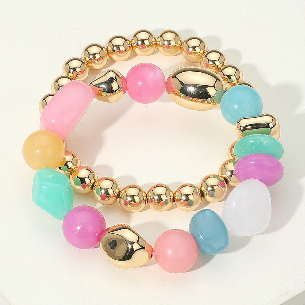 2PCS - Colorful Pebble Beaded Stretch Multi Layered Bracelets