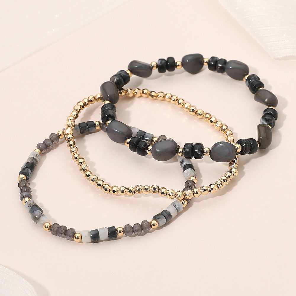 3PCS - Resin Pebble Metal Ball Beaded Stretch Multi Layered Bracelets
