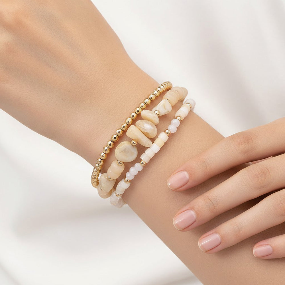 3PCS - Resin Pebble Metal Ball Beaded Stretch Multi Layered Bracelets