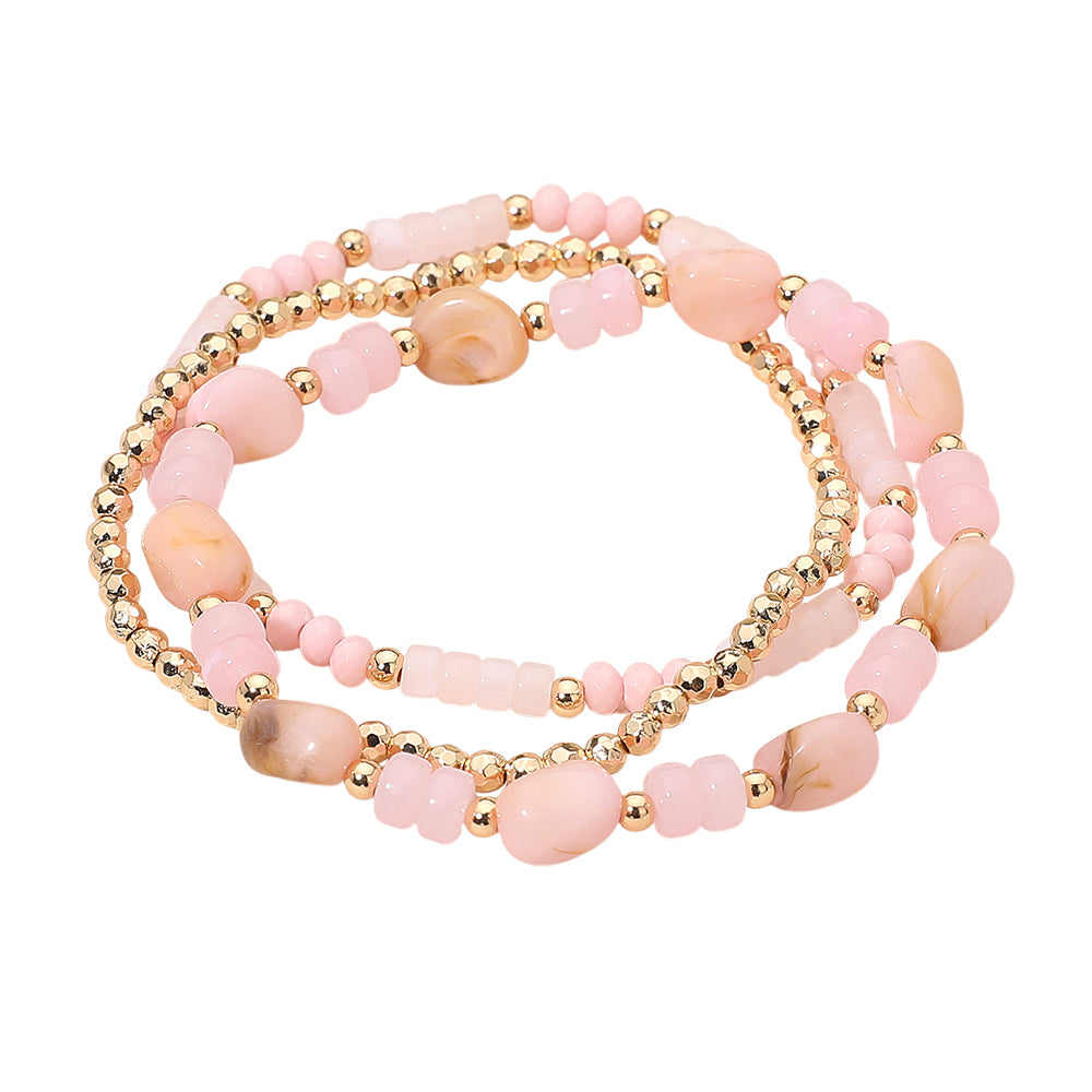 3PCS - Resin Pebble Metal Ball Beaded Stretch Multi Layered Bracelets