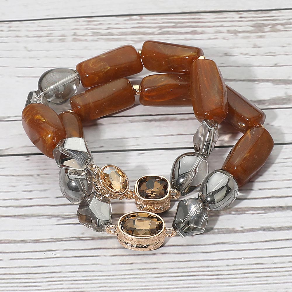 2PCS - Chunky Marbled Resin Pebble Faceted Stone Beaded Stretch Multi Layered Bracelets