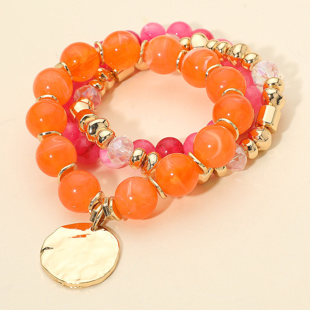 3PCS - Hammered Metal Disc Charm Accent Beaded Stretch Multi Layered Bracelets