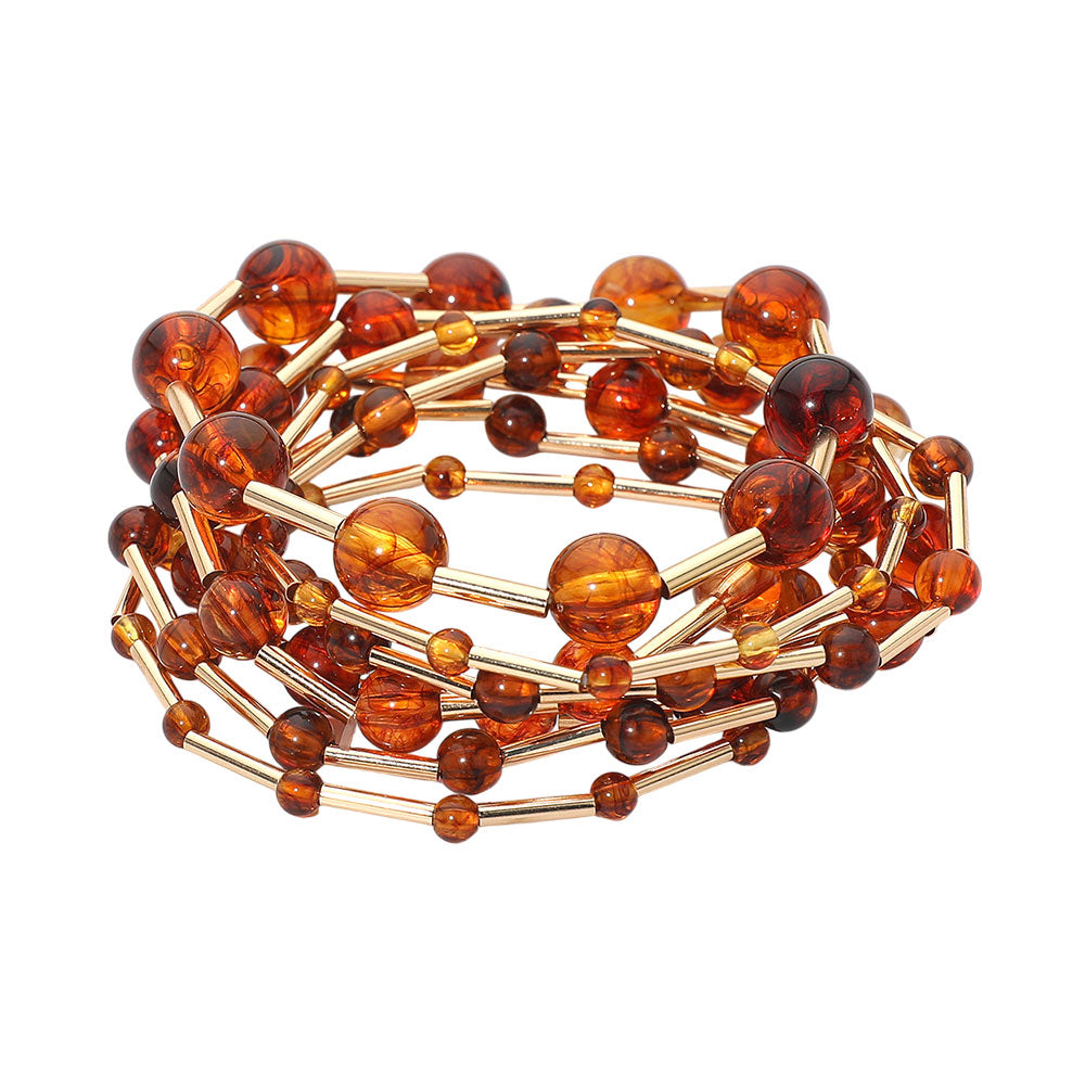7PCS - Resin Ball Metal Bar Beaded Stretch Multi Layered Bracelets
