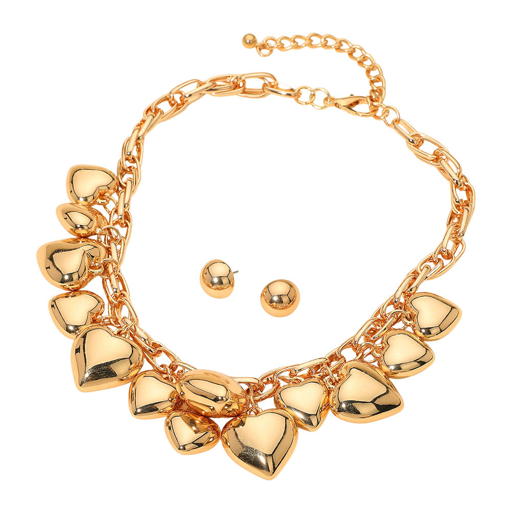 Chunky Puffy Metal Heart Charm Embellished Necklace