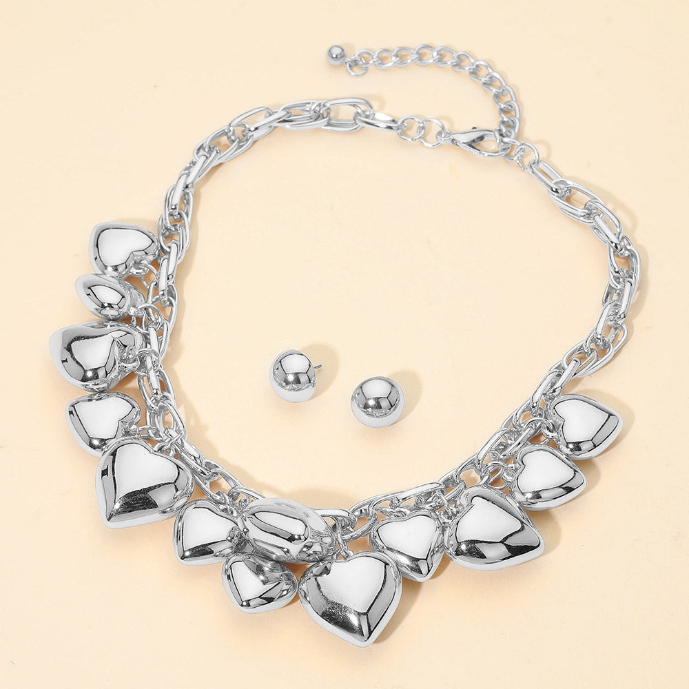 Chunky Puffy Metal Heart Charm Embellished Necklace