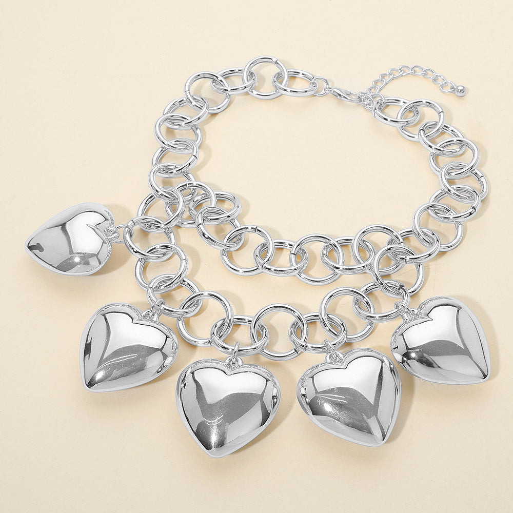 Bold Puffy Metal Heart Charm Station Linked Chain Layered Statement Necklace