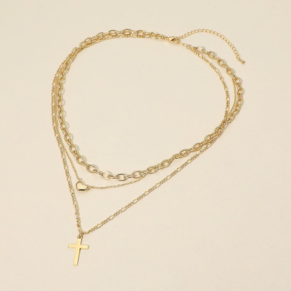 18K Gold Dipped Cross Pendant Heart Charm Accent Mixed Chain Layered Necklace