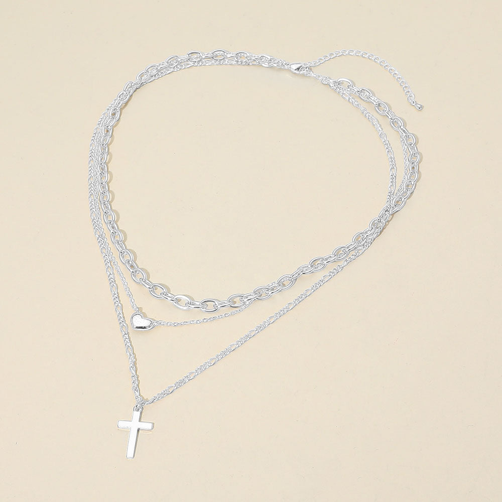 White Gold Dipped Cross Pendant Heart Charm Accent Mixed Chain Layered Necklace