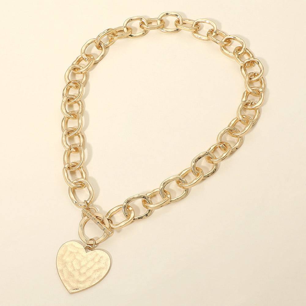 Hammered Metal Heart Charm Chunky Chain Toggle Necklace