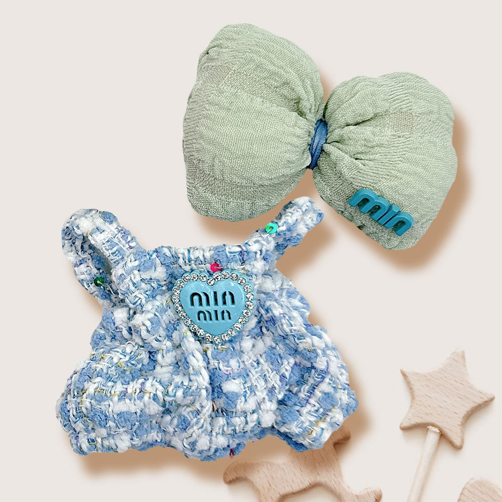 Mini Doll Matching Bow Tweed Overall Outfit Set