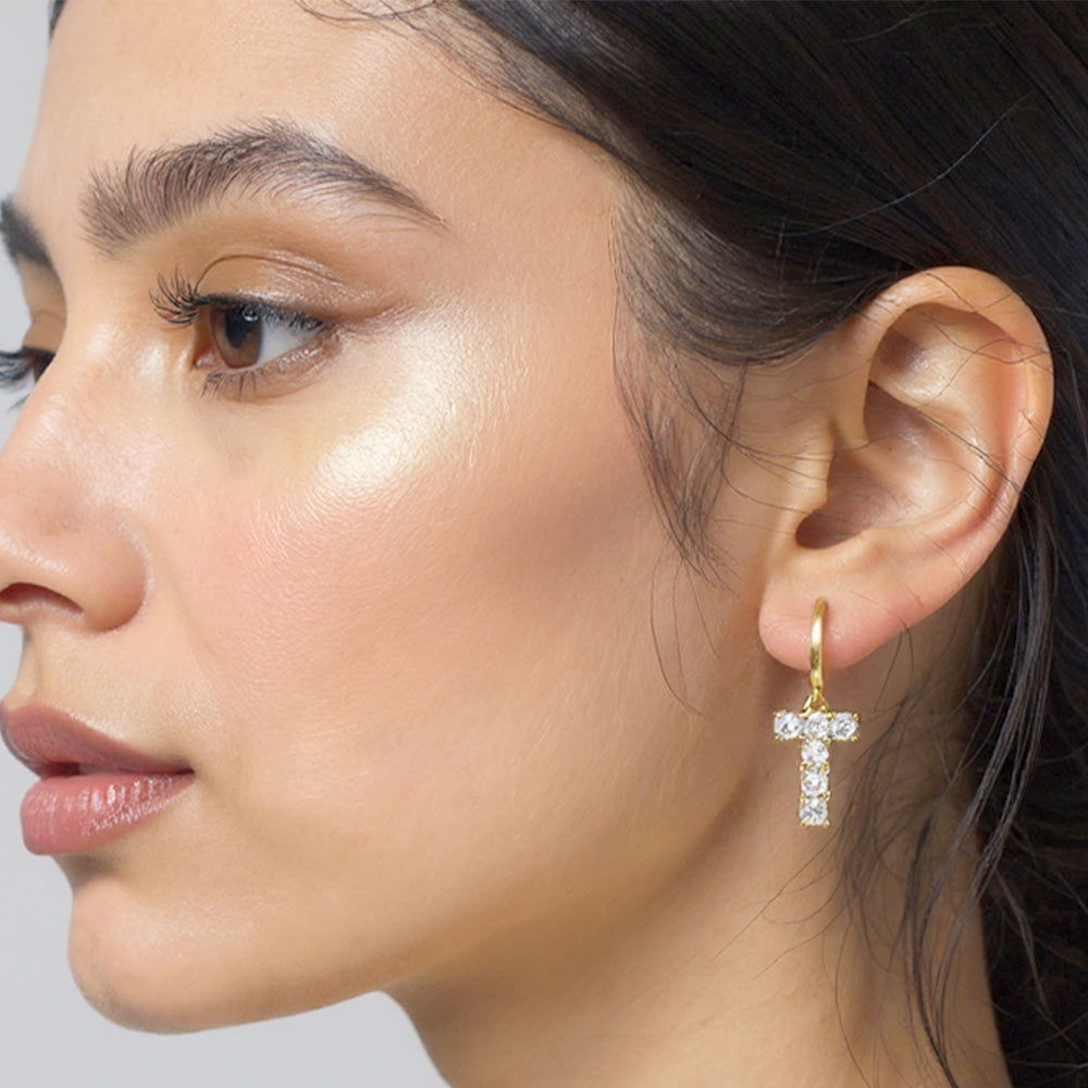 14K Gold Dipped T-Shaped CZ Stone Cluster Charm Dangle Huggie Hoop Earrings