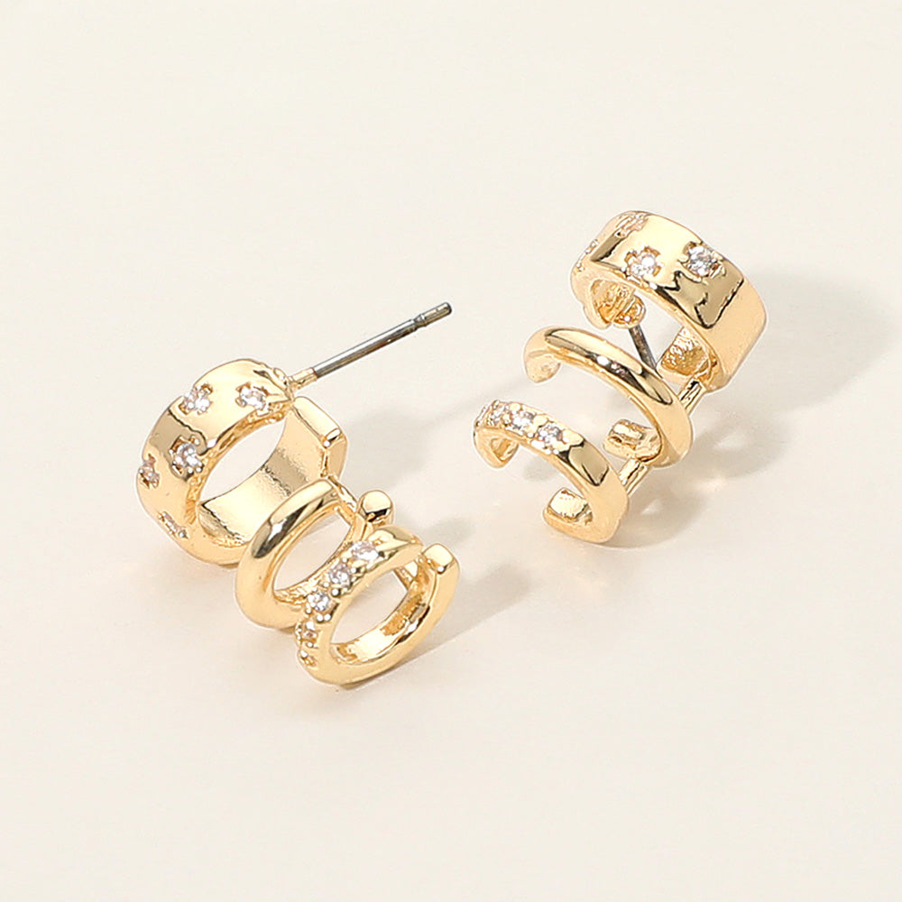 Stone Paved Triple Hoop Cuff Earrings
