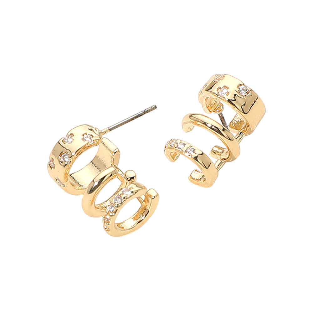 Stone Paved Triple Hoop Cuff Earrings