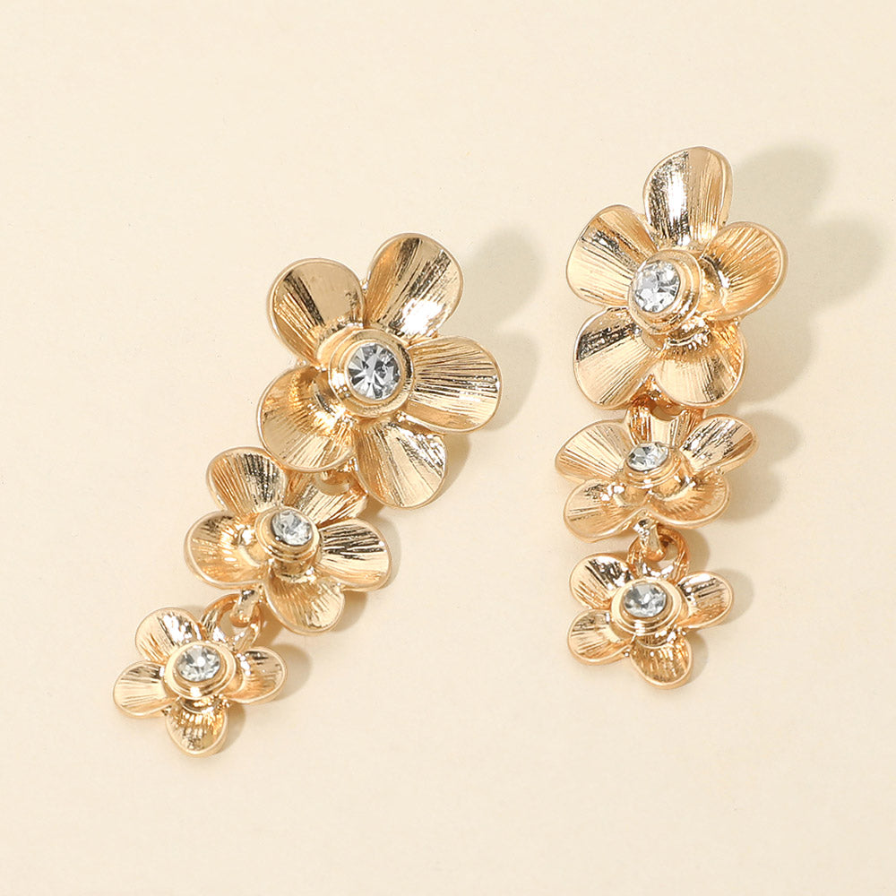Stone Accent Triple Floral Link Drop Earrings