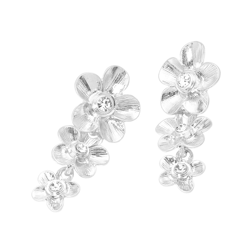 Stone Accent Triple Floral Link Drop Earrings