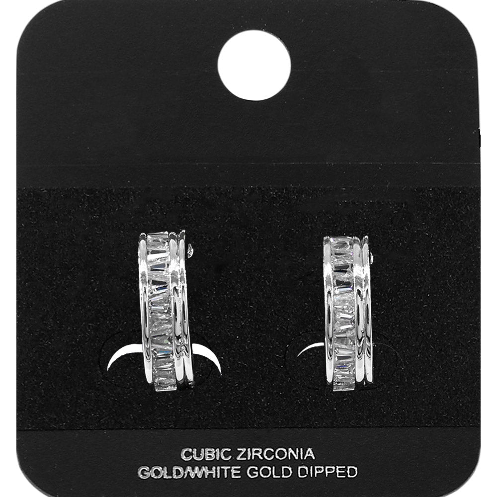 White Gold Dipped Baguette CZ Embellished Mini Open Hoop Earrings