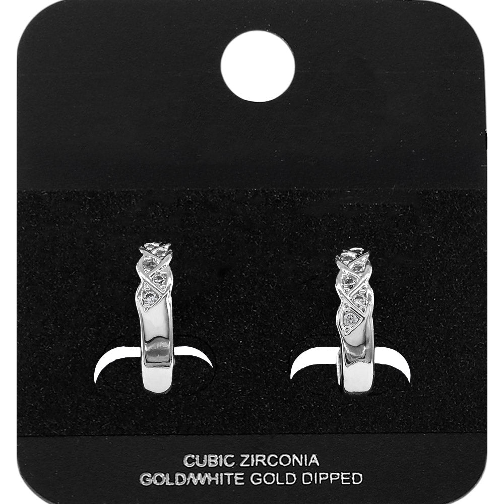 White Gold Dipped CZ Embellished Twisted Mini Open Hoop Earrings